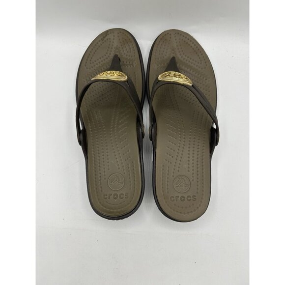 Crocs Sanrah Sandals Women’s Gold Medallion Brown Thong Flip Flops Size 9 - Picture 4 of 8
